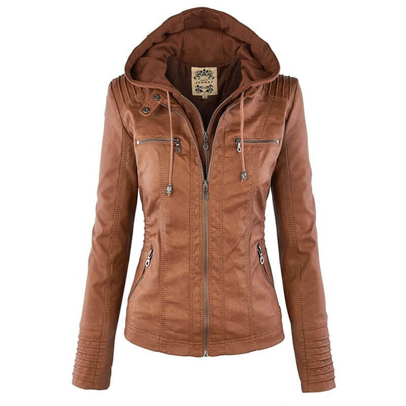 Veste en cuir véritable pour femme avec capuche amovible